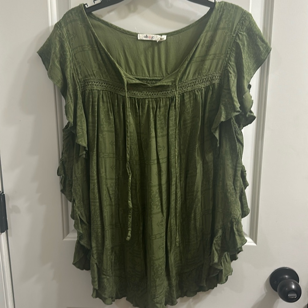 Ohmg Shirt Sleeve Olive Ruffle Blouse